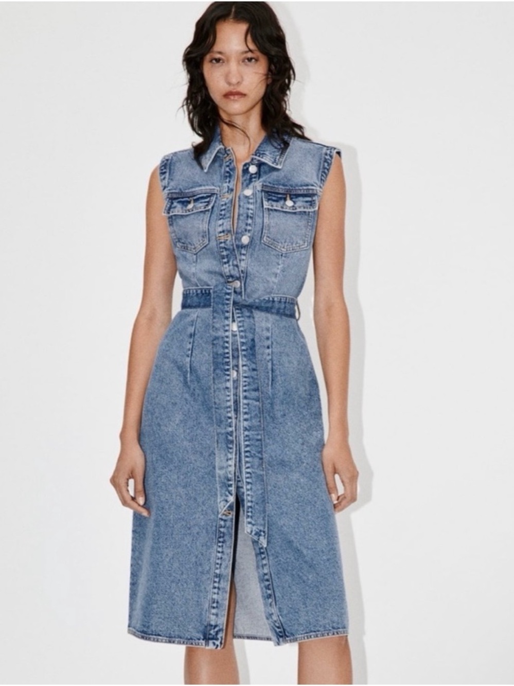 Zara Blue Sleeveless Denim Midi Dress